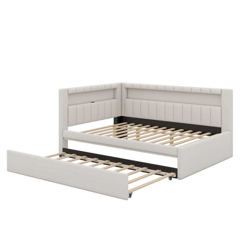 Full Size Platform Bed With USB Ports And Trundle, White