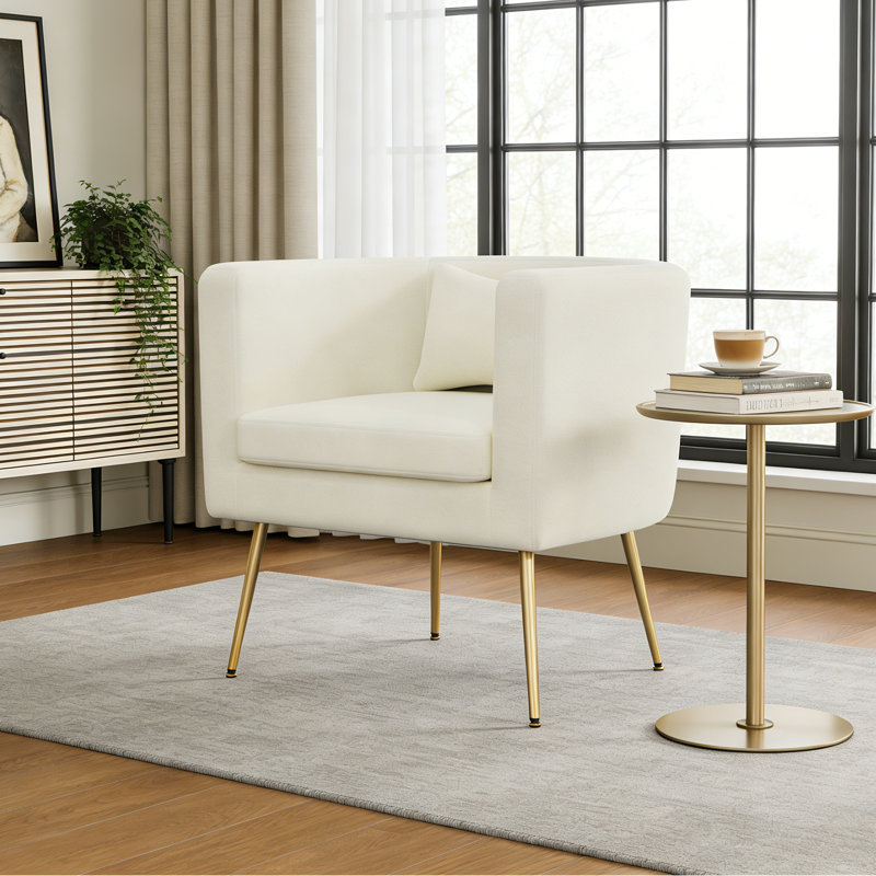 Upholstered Velvet Barrel Chair with Metal Legs, Ivory