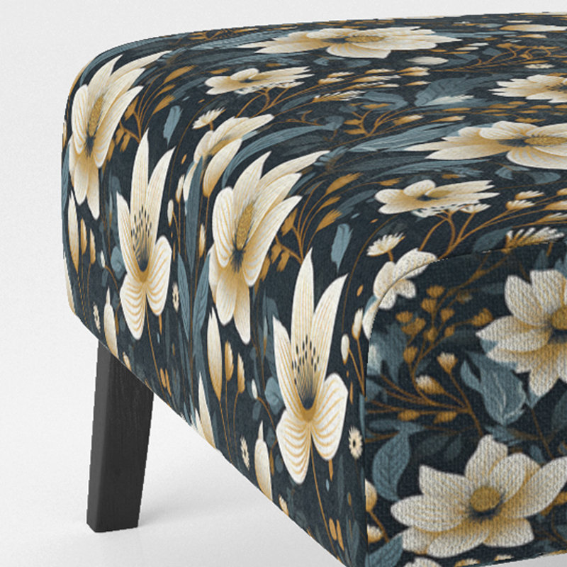 Fauteuil de chambre rembourré blanc et noir à motif floral Magnolias III