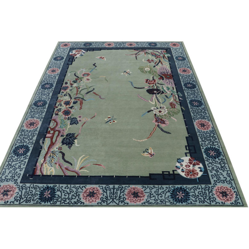 Rug & Kilim’S Chinese Art Deco Rug In Green With Blue Floral Patterns, Rectangle 10' x 14'