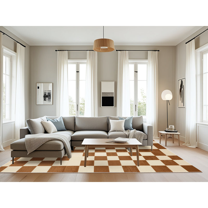 Tapis beige à carreaux lavable à la machine, Rectangle 6 pi x 9 pi