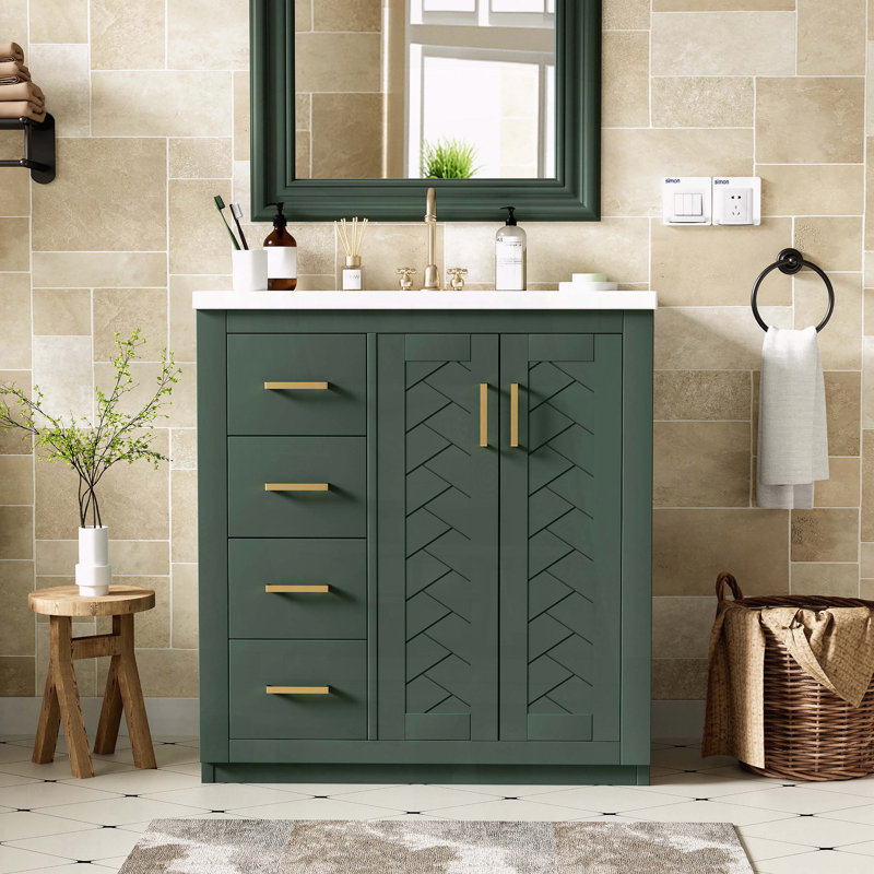 30" Freestanding Bathroom Vanity Set with Ceramic Sink and 3 Drawers, Green