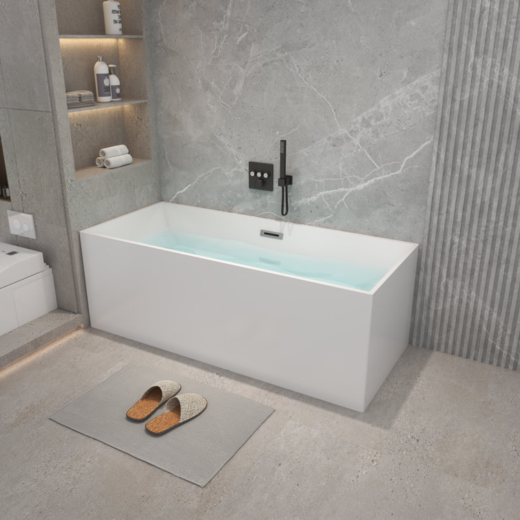 59” x 28.7” Freestanding Acrylic Soaking Bathtub, Alcove Back to Wall or Corner Ractangular  Tub
