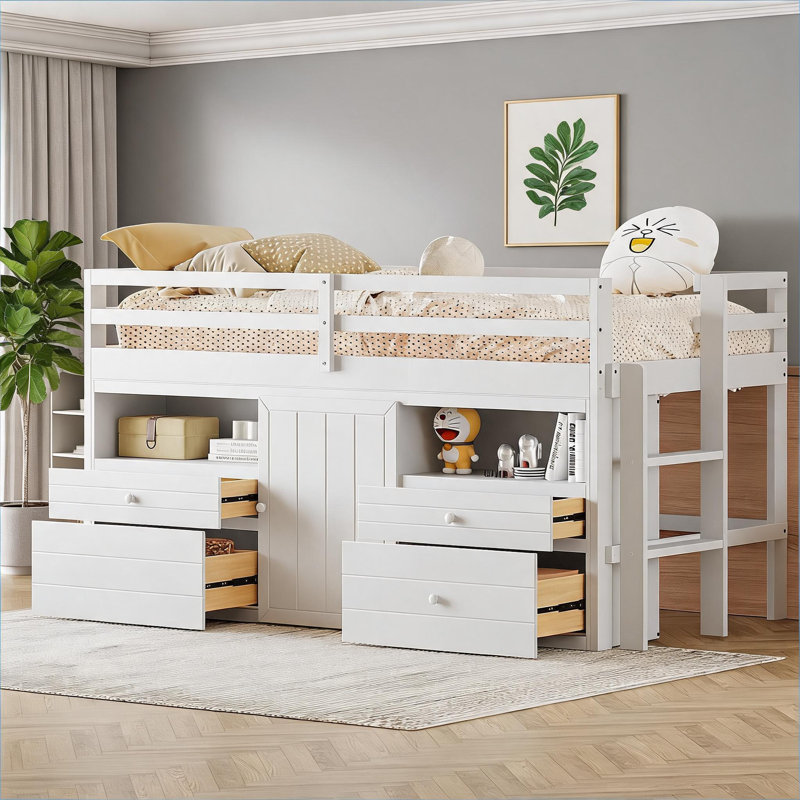 Structure de lit en bois massif, lit mezzanine simple de petite taille, blanc classique avec tiroirs et tablettes de rangement sous le lit