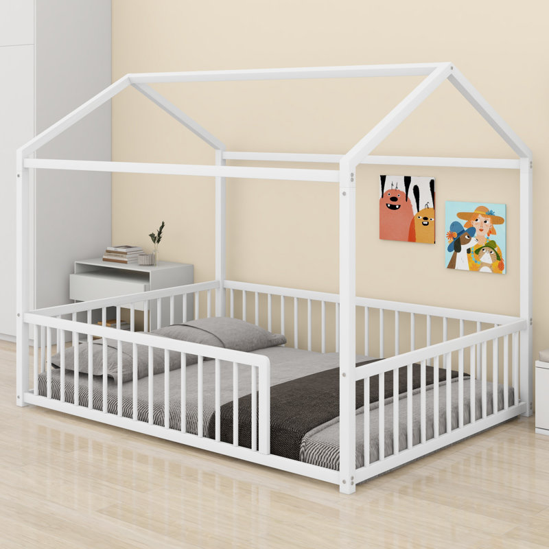 House Shaped  Floor Bed With Safety Fence For Toddlers, Full, White