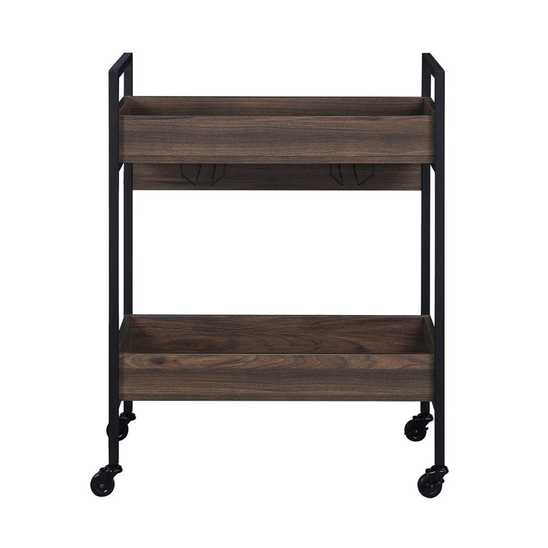 Petit chariot de cuisine rectangulaire pour la salle à manger, tablette à 2 niveaux, structure en noyer et en métal noir, plateau en bois recouvert, porte-gobelet servant à manger enduit