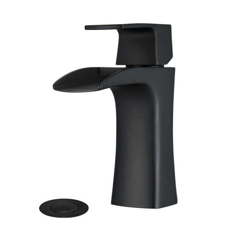Robinet de salle de bain Waterfall - Robinet en laiton à poignée simple avec drain, 1 trou, Noir mat