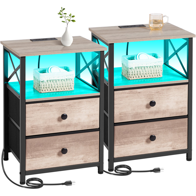 Ensemble de 2 tables de chevet 23,62 po avec station de chargement, lumière DEL et 2 tiroirs, 2