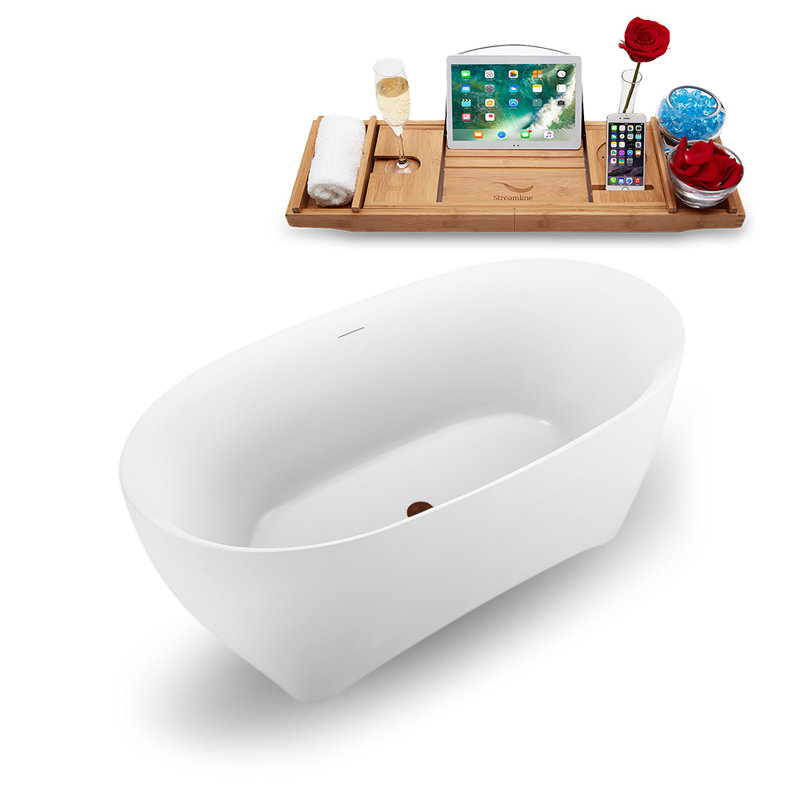 Baignoire de trempage autoportante 59 "avec drain et plateau en bambou 59" Streamline, Bronze huilé mat