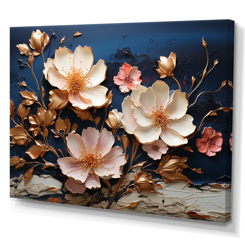 Fleurs blanches et bleues coquelicots I - art mural floral abstrait, Toile tendue, H 34 po x l 44 po x P 1,5 po