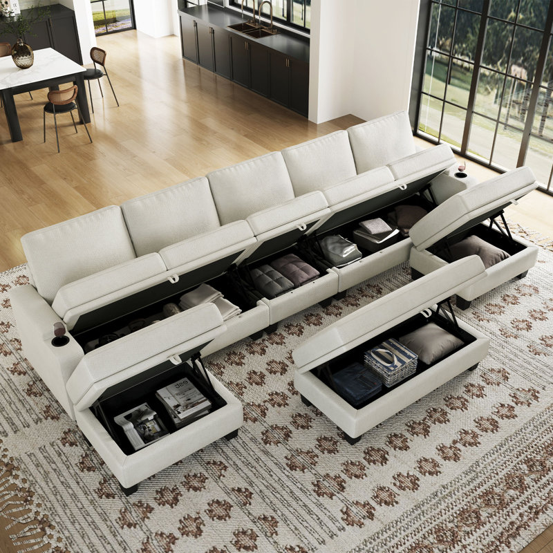 Anjana Jenette Large Chenille Modular Storage Couch U Shaped Modular Sofa With Removable Washable Cushion And Movable Storage Ottomans And Cup Holder