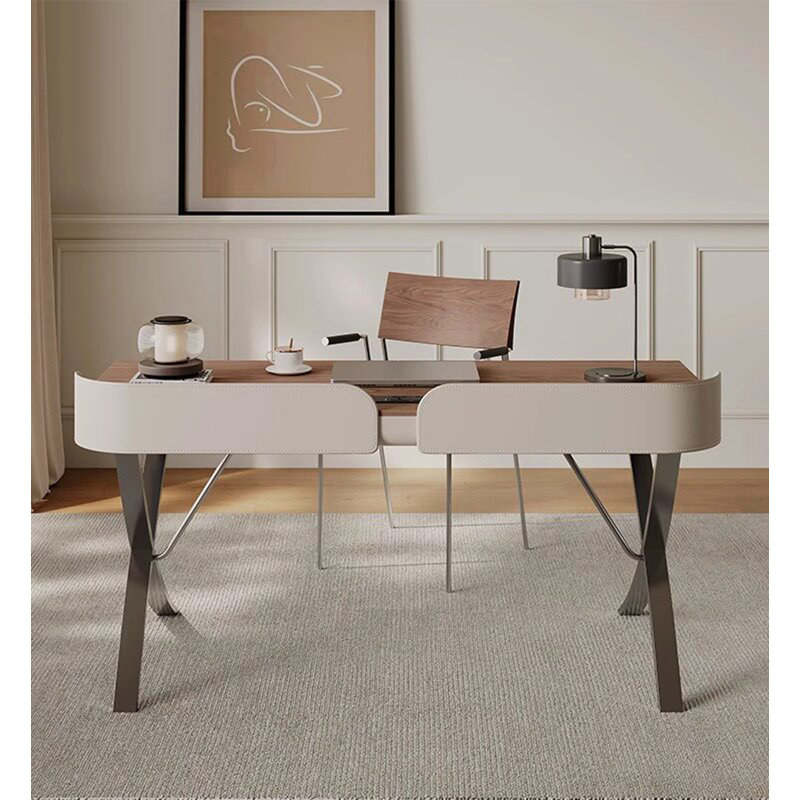 Bureau moderne en noyer avec pieds croisés en acier inoxydable, 33.86" H x 47.24" W x 27.56" D, Brun / Argenté