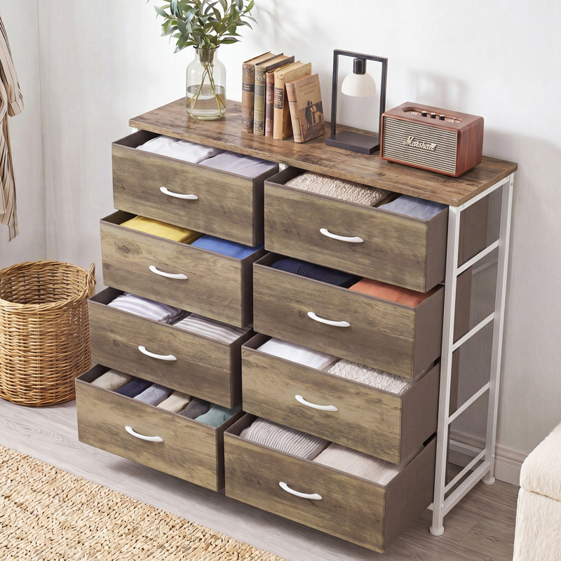 Commode de chambre à coucher avec commode haute 8 tiroirs, Chêne doré