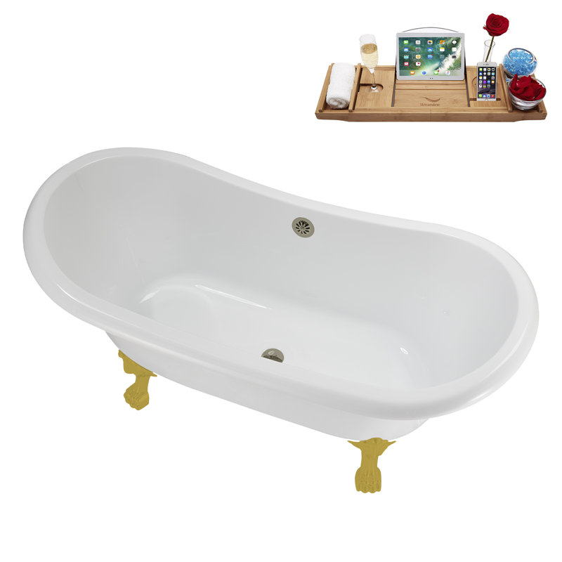 59" Streamline Clawfoot Tub,Tray,Drain, Clawfeet, Brushed Gold, Brushed Nickel
