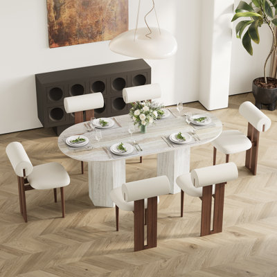 Table de salle à manger 71 "moderne en bois ovale pour 6 personnes avec texture de travertin, table de cuisine beige avec piédestal Bouble