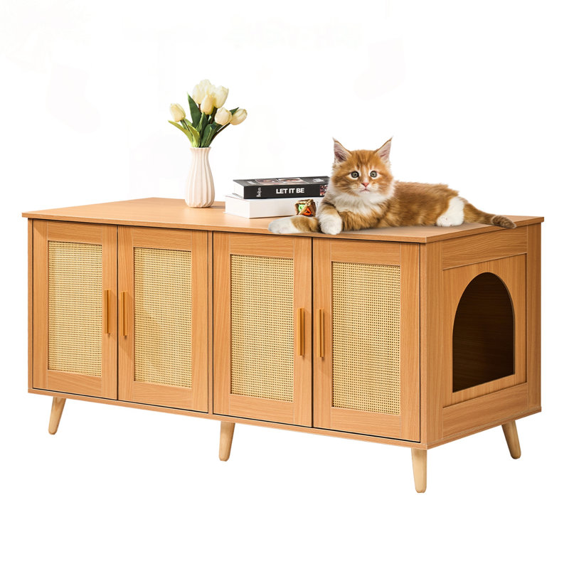 Enceinte de litière pour chat avec portes en rotin, pour 2 chats (47,2 po)