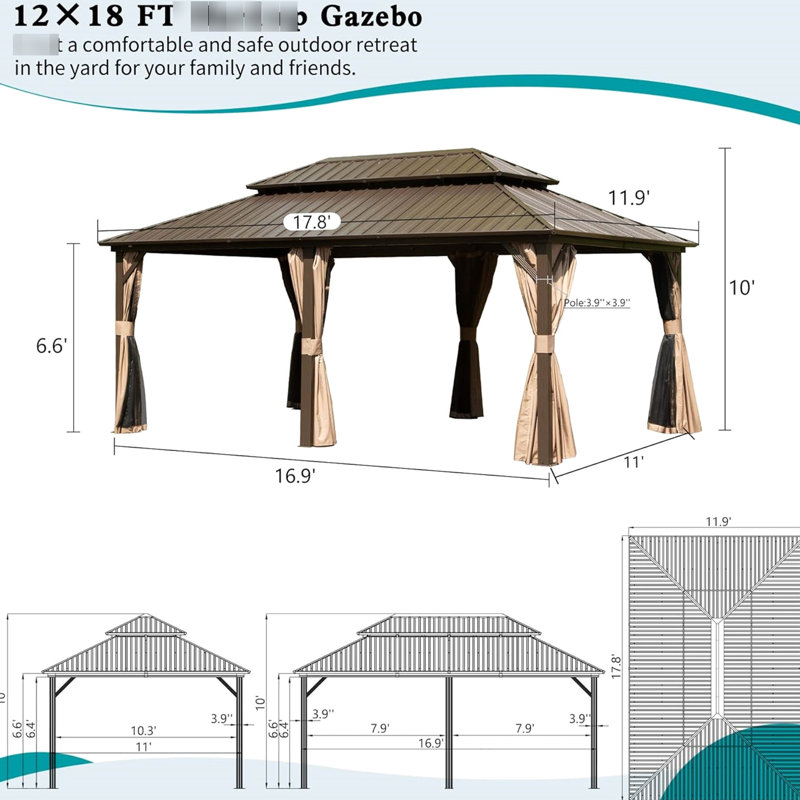 Pavillon de jardin 12 'x 18' avec auvent en acier galvanisé, structure en aluminium. Neige et pluie. Cadre et toit brun de 12 pi x 18 pi. Pour rouiller.