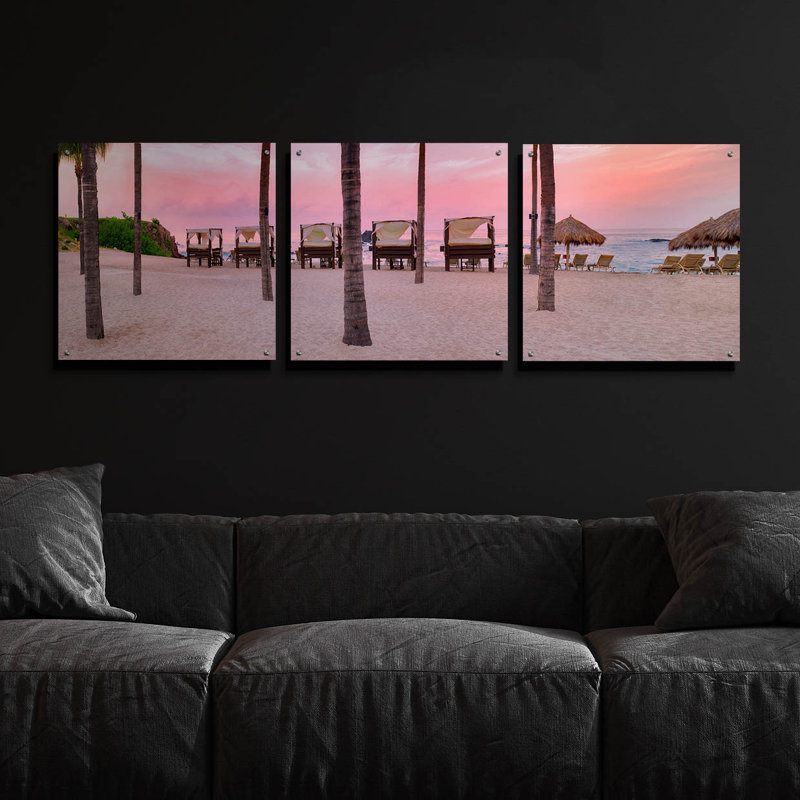 «Pink Beach» par Dennis Frates, art mural en verre acrylique, ensemble de 3 pièces, 72 po x 24 po, H 24 po x l 72 po