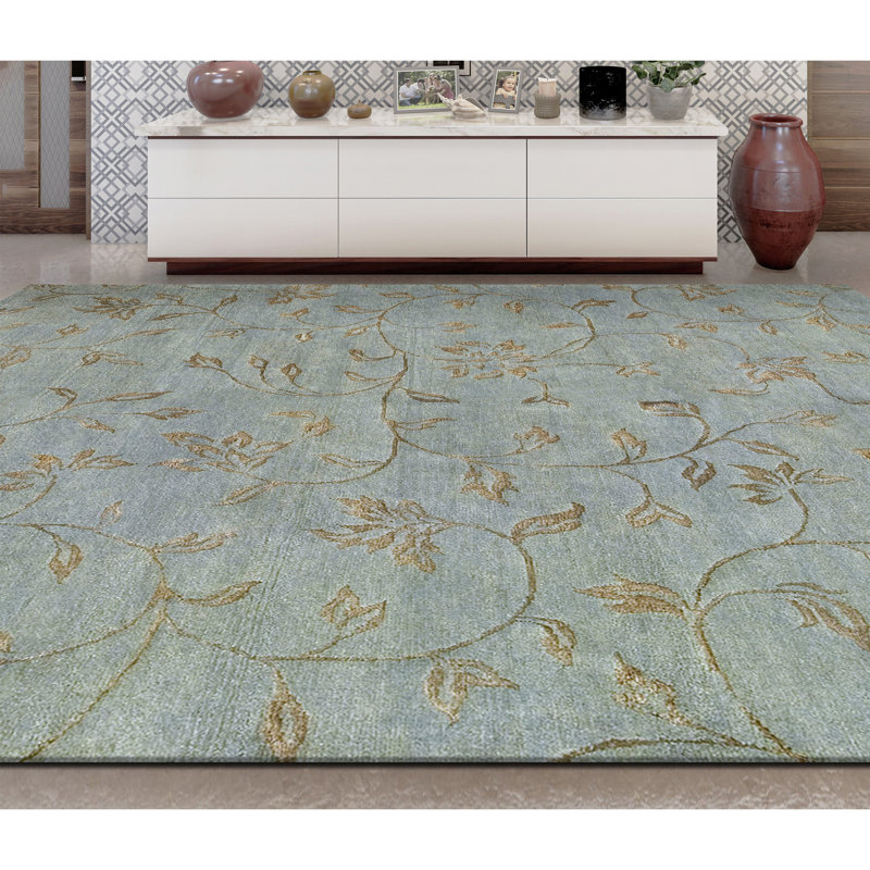 Tapis à motif floral gris noué à la main, Rectangle 10 pi 1 po x 14 pi