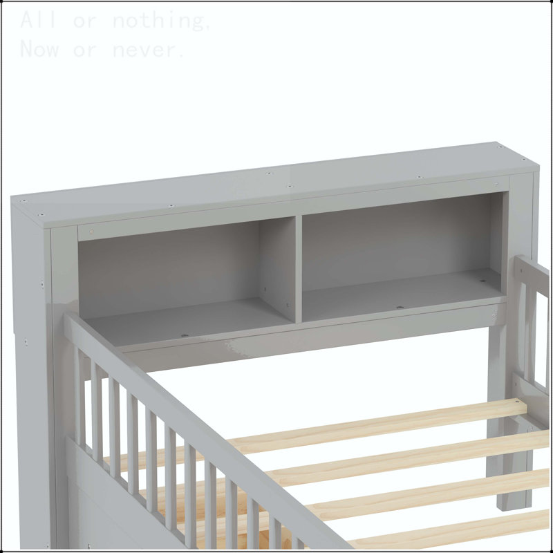 Twin Size Bed with Headboard Storage Rack and Under-Bed Drawers, Gray