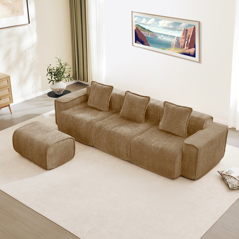 Modular 3 Seat L Shape Sectional Boneless Sofa Streamlined Design  With French Edge Piping, No Assembly Required, 3-Seat Sofa Couch With Throw Pillows And 1 Movable Ottoman, Velvet Fabric
