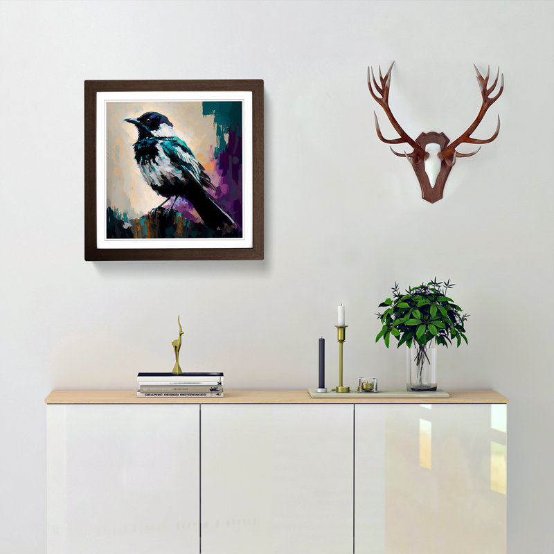 Magpie Palette Knife Painting - Framed Print, Walnut
