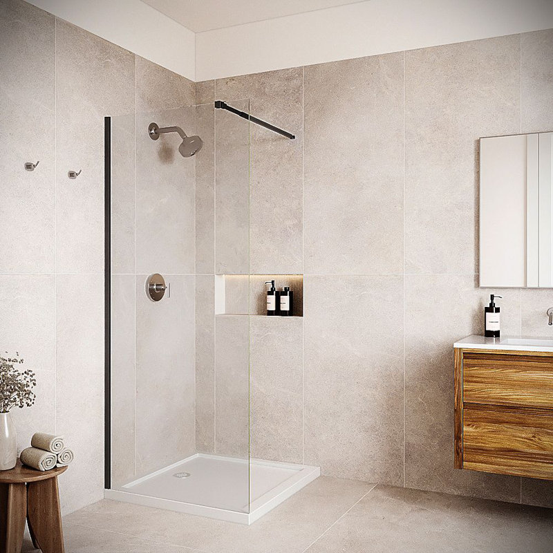 Panneau fixe semi-sans cadre 34 po x 76 po avec verre trempé 5/16 po traité CrystalTech Mucone, quincaillerie noir mat