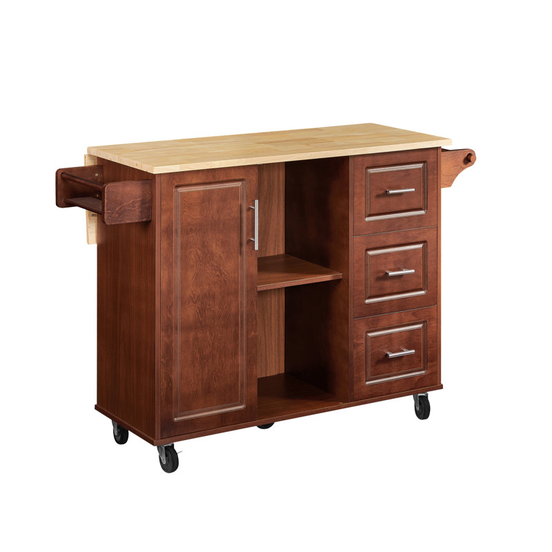 Culinary Rolling Kitchen Island with Rubberwood Countertop & Ample Storage, Brown