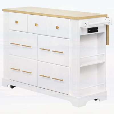 Kitchen Island with 6 Drawers,Pull Out Trash Can Storage,Drop Leaf,and Power Outlet for Efficient Organization and Convenience