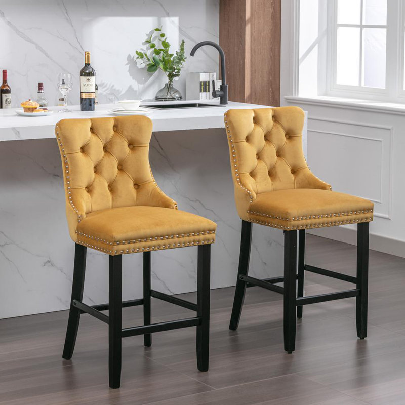 Velvet Upholstered Bar Stool with Button Tufted Back and Nailhead Trim Set of 2, Gold