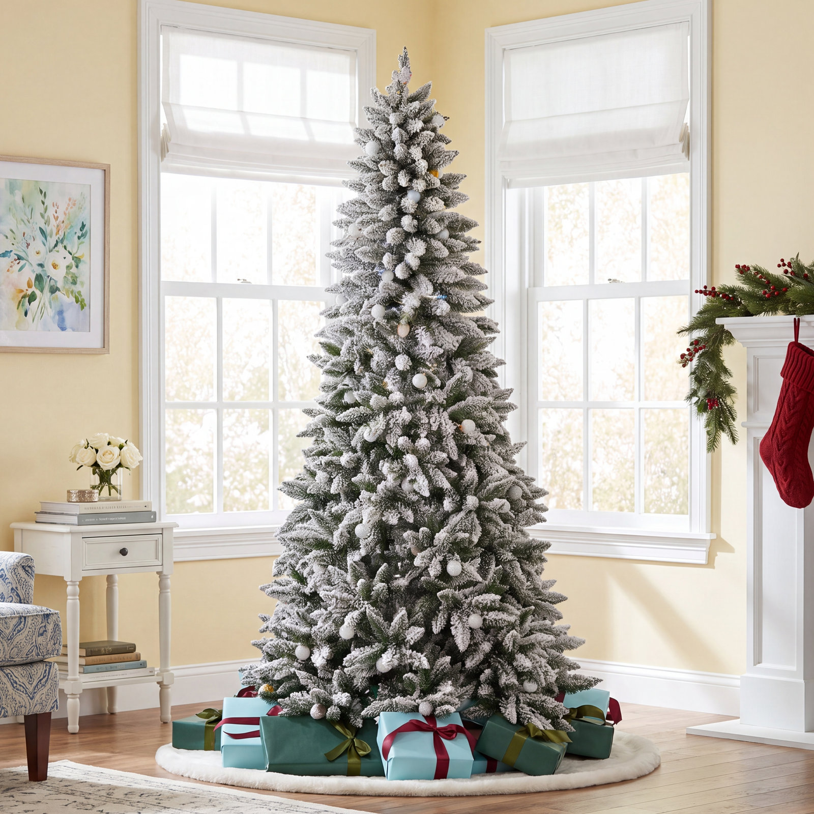 Flocked and Slim Christmas Tree with 150 LED Lights, 7'