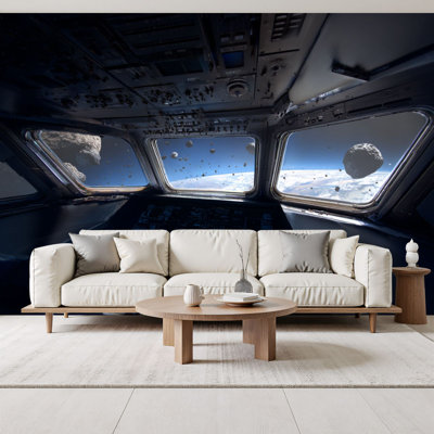 Peel and Stick papier peint vaisseau spatial futuriste exoplanète intérieure, peintures murales H 69 po x l 96 po amovible, papier peint en PVC, peintures murales auto-adhésives, décoration pour le salon de la chambre à coucher