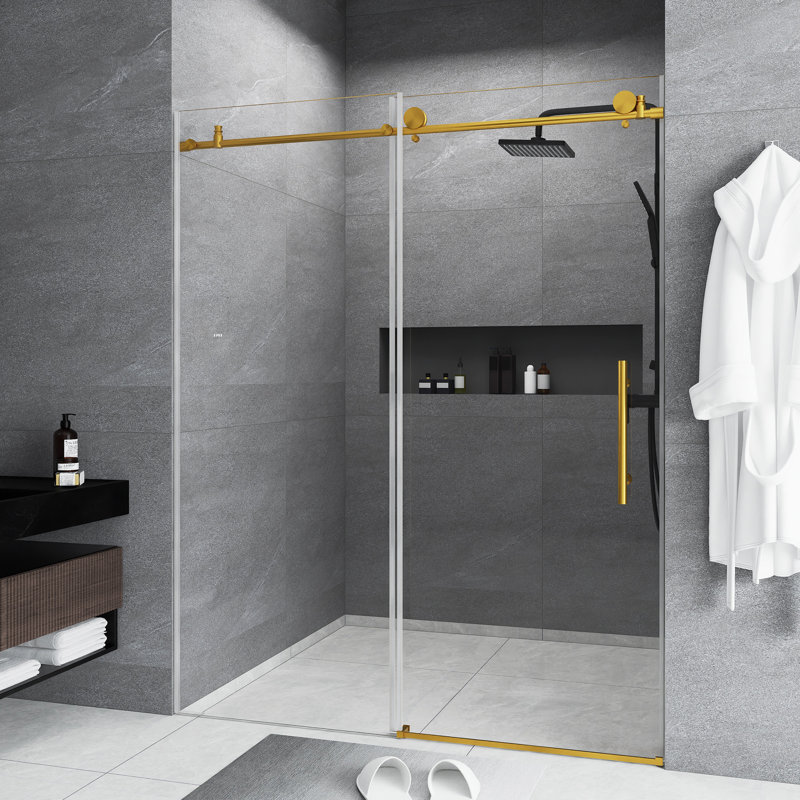 56-60 "W X 76" H Frameless Shower Door | Single Sliding |  1/4 Inch Transparent Tempered Glass With Explosion Proof Film | Stainless Steel Handle | Brushed Gold