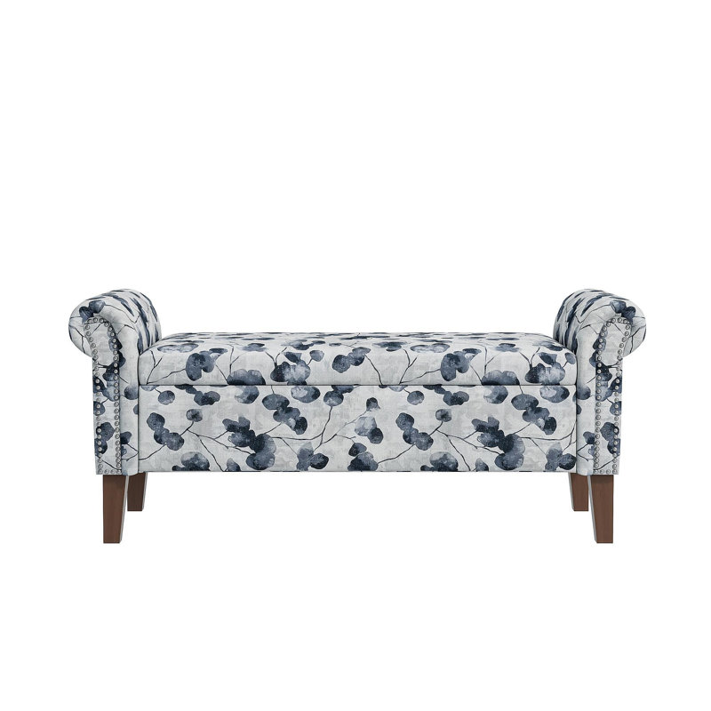 Wallen Traditional Rolled Arm Storage Bench Ottoman With Pewter Nailhead Trim In Black Floral With Dark Brown Solid Wood Legs