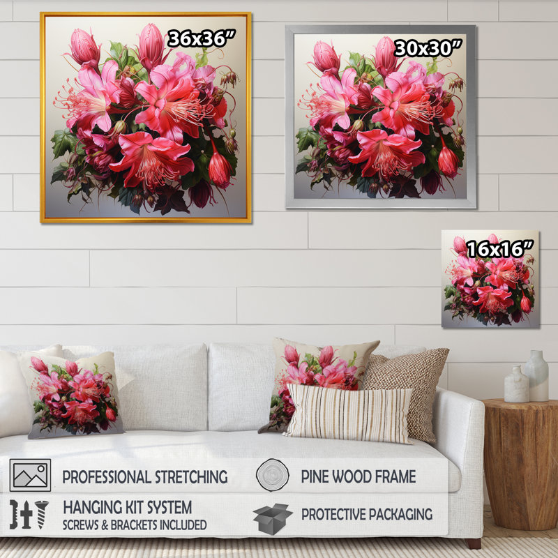 Fuchsia rétro rose, art mural Fuschia, Cadre doré simple, H 36 po x l 36 po x P 1,5 po
