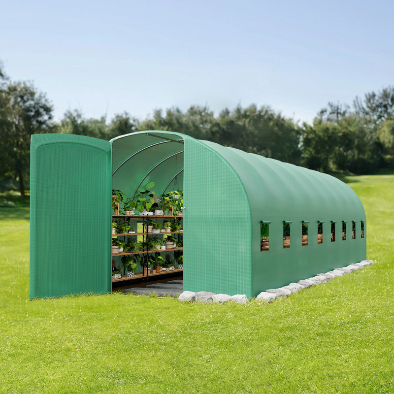 15x7x7 ft Large Walk-In Greenhouse Tunnel, Heavy Duty Galvanized Steel Frame with 8 Mesh Windows & Swing Iron Gate, Durable Green PE Cover for Vegetables & Flowers - Iron Gate