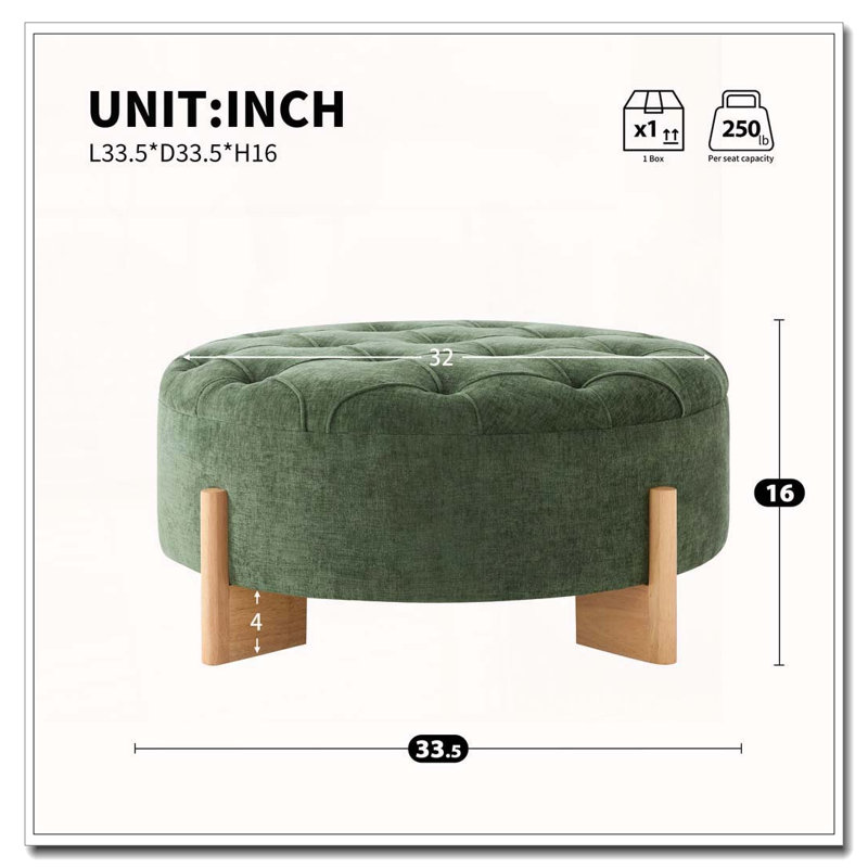 Repose-pieds rond capitonné 32 po avec pieds en bois massif, table basse moderne avec boutons touffetés, Vert
