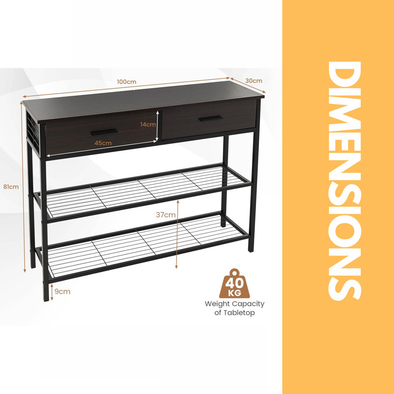 3 Tier Rustic Industrial 100Cm Console Table with Storage Drawers and Shelf, Entryway Furniture