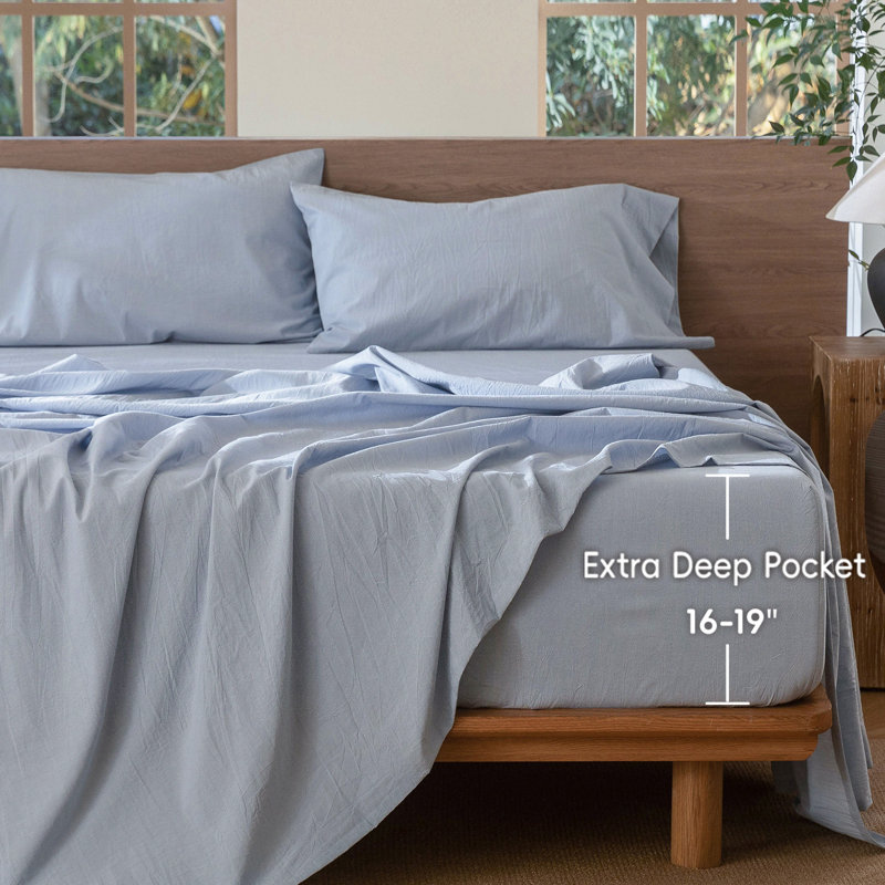 MooMee Fitted Sheet Only Extra Deep Pocket 100% Washed Cotton Linen Like Textured Lightweight Breathable, Queen 