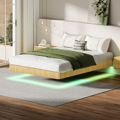 Queen Size Floating Bed Frame, Oak Finish, Wave Curve Wood Texture, Led Lights For Cozy And Tranquil Ambiance, Heavy Duty Metal Slats, Hidden Support Structure, Color - Customizable Lighting