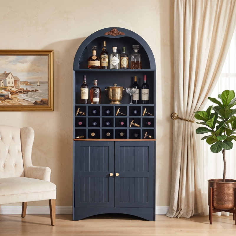 Bibliothèque à vin moderne en bois arqué avec support amovible et tablettes réglables, Bleu