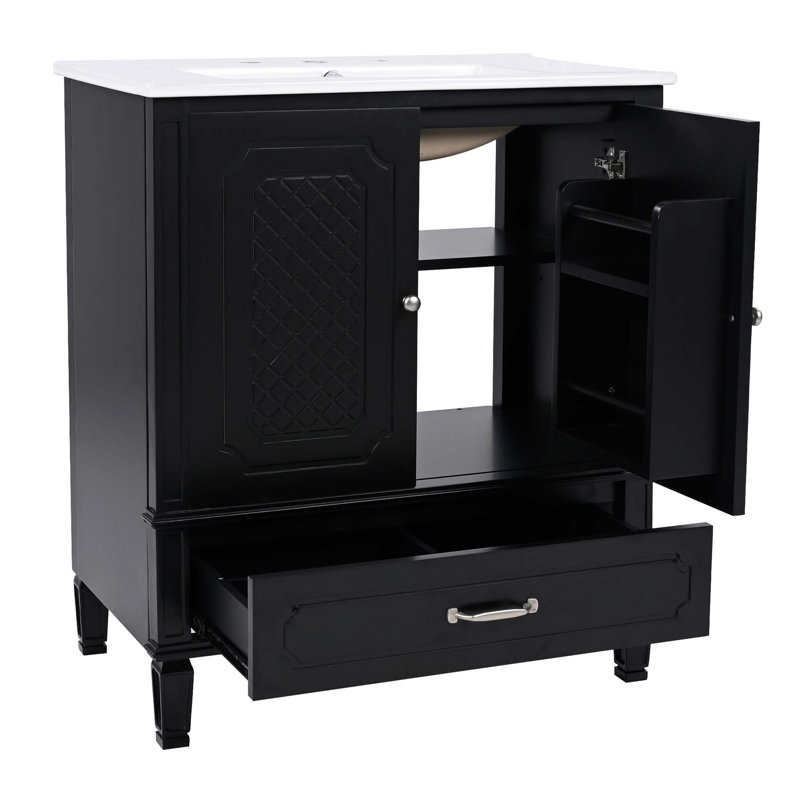 Meuble-lavabo 30 po avec lavabo style rétro, espace de rangement multifonctionnel, tablette de porte, porte à fermeture en douceur