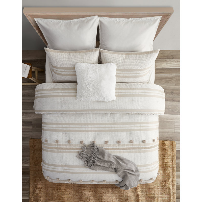 Full Gray Cotton Reversible Comforter Set with Pom Pom Stripes