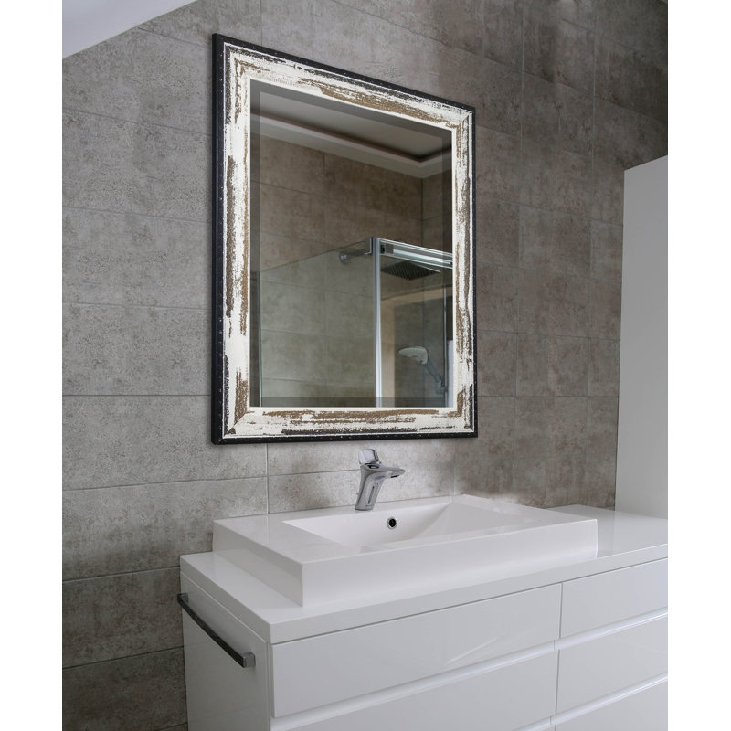 Solid Wood Flat Wall Mirror, Brown/Cream Distressed, 35.5" H x 35.5" W