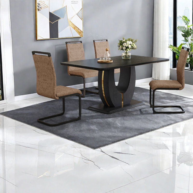 Ensembles de table de salle à manger moderne en bois MDF pour la maison, chaises en tissu brun pour 4