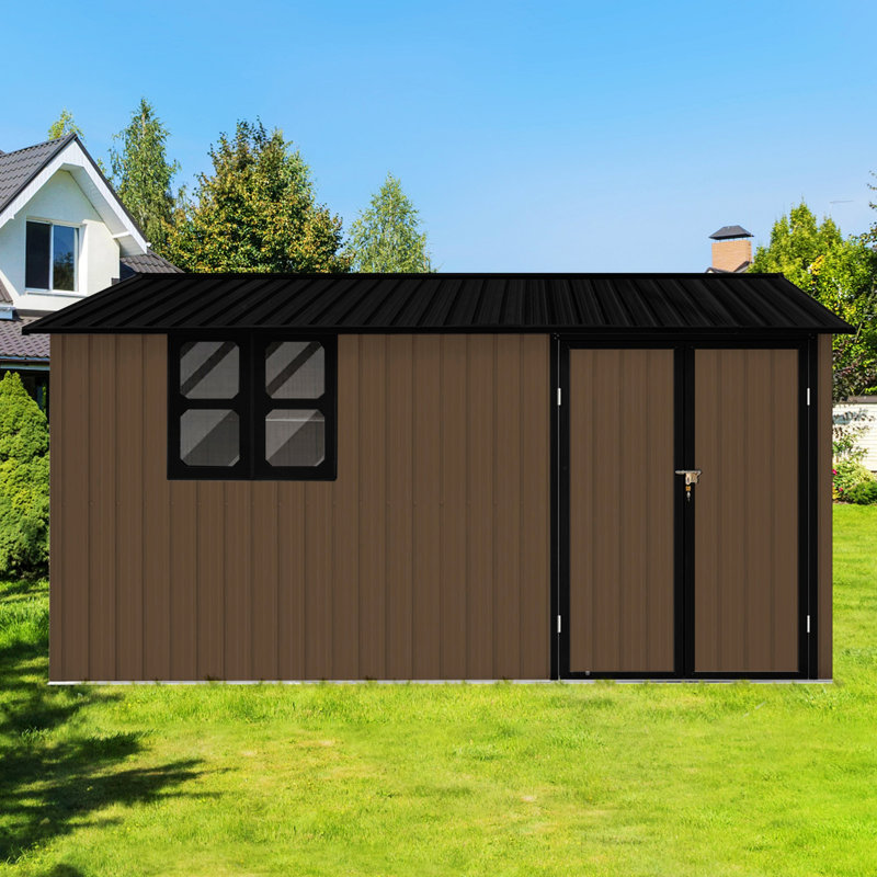 Metal Garden Shed, Storage Shed With Window, Shelves For Outdoor, Brown