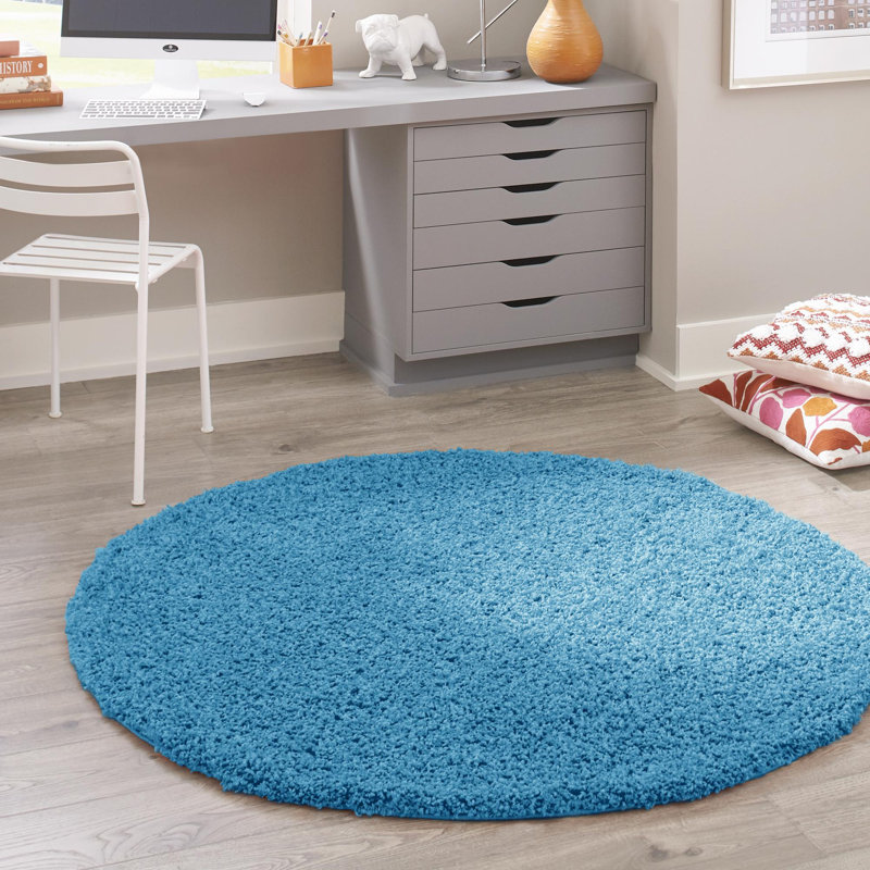 Tapis bleu à poil long fabriqué à la machine Alexandrew, Rond 5 pi