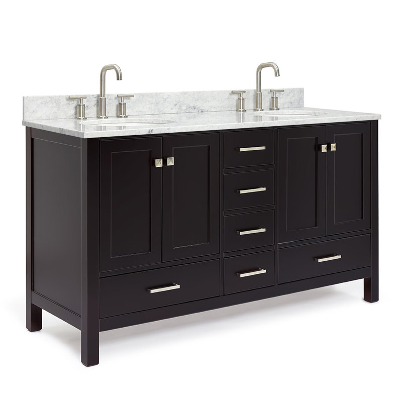 Meuble-lavabo double autoportant 67 po avec plateau en marbre Flynt, Oval, Espresso, 61" W