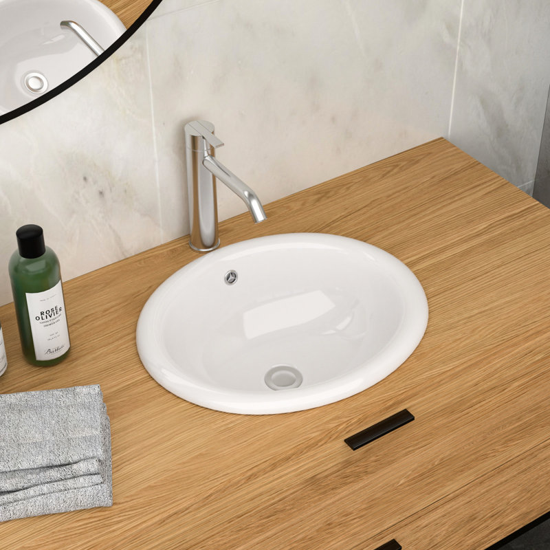 Lavabo vasque semi-encastré en céramique blanche de 17 po x 15,5 po pour la salle de bain, bords arrondis doux, faible absorption d'eau, lavabo de salle de bain à installation sans effort, conception ergonomique, résistance aux taches et aux égratignures,