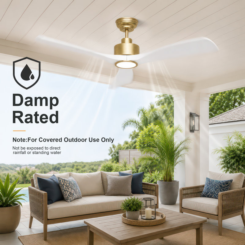 52" Outdoor Ceiling Fan with Light for Patio Garage Porch, Weather-Proof Blades & High-Airflow, Quiet DC Motor 3CCT Dimmable LED White Ceiling Fan Remote